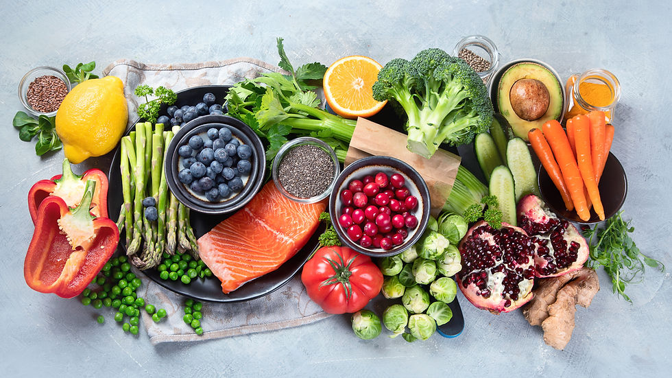 a display of colourful fruits and vegetables